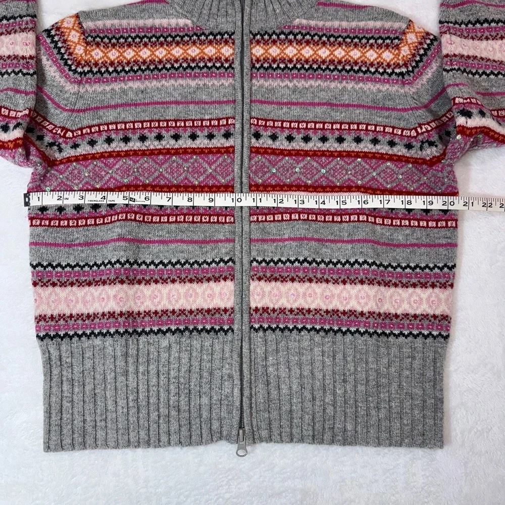 Vtg Context 100% Wool Fair Isle Sweater Sz L Full Zip Beaded Sequined NOS‎